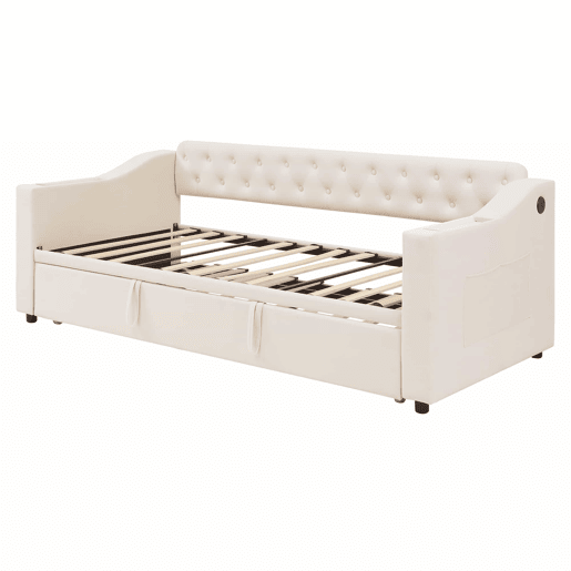 Cama com gavetão 90180x190 cm - com tomadas e compartimento para arrumação - tecido aveludado - Bege