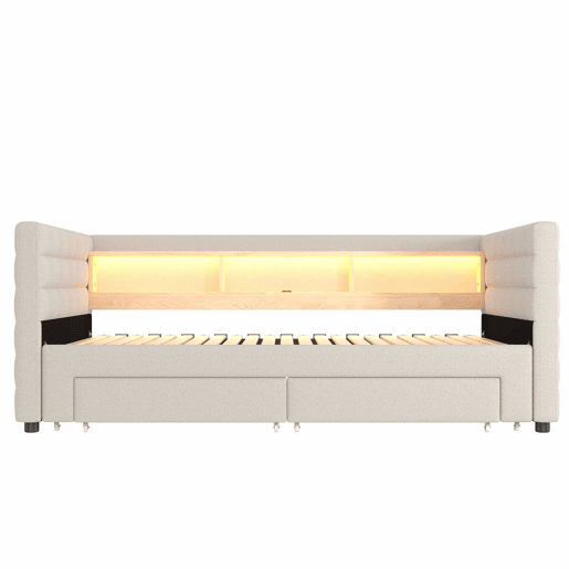 Cama de dia 90x190 cm - Design multifuncional, USB, 2 gavetas, luzes LED - Bege