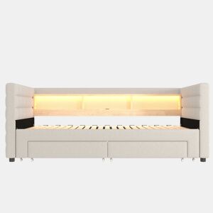 Cama de dia 90x190 cm - Design multifuncional, USB, 2 gavetas, luzes LED - Bege