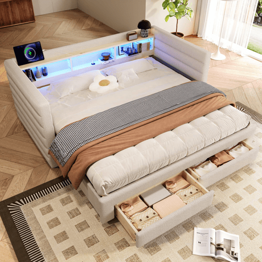 Cama de dia 90x190 cm - Design multifuncional, USB, 2 gavetas, luzes LED - Bege