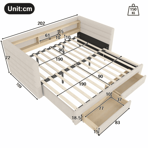 Cama de dia 90x190 cm - Design multifuncional, USB, 2 gavetas, luzes LED - Bege