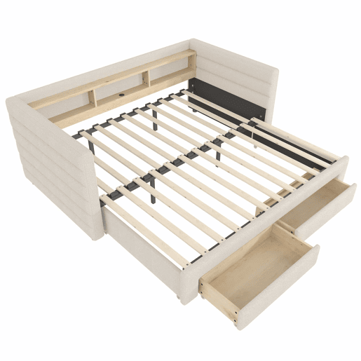Cama de dia 90x190 cm - Design multifuncional, USB, 2 gavetas, luzes LED - Bege