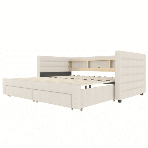 Cama de dia 90x190 cm - Design multifuncional, USB, 2 gavetas, luzes LED - Bege