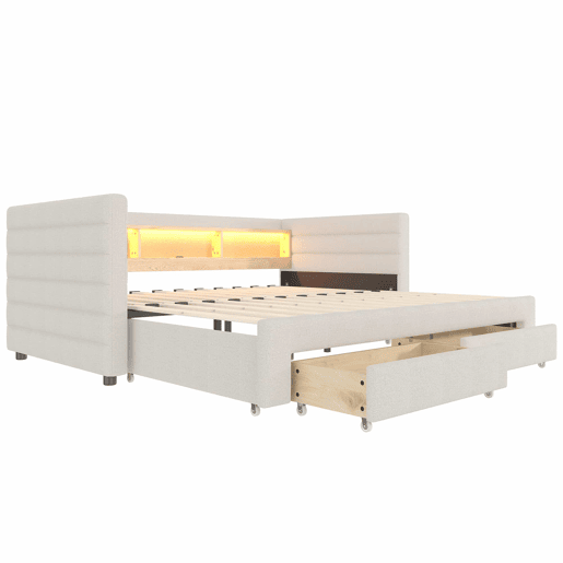 Cama de dia 90x190 cm - Design multifuncional, USB, 2 gavetas, luzes LED - Bege