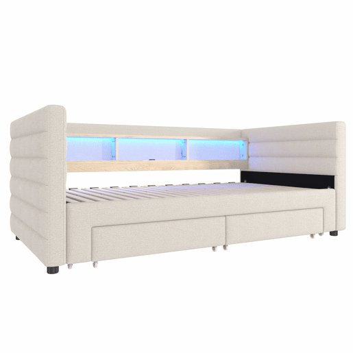 Cama de dia 90x190 cm - Design multifuncional, USB, 2 gavetas, luzes LED - Bege