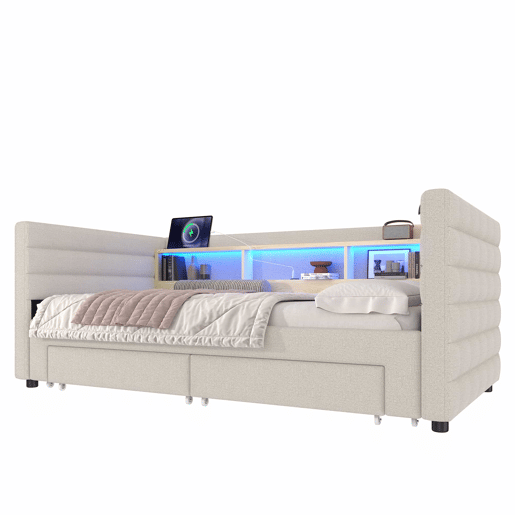 Cama de dia 90x190 cm - Design multifuncional, USB, 2 gavetas, luzes LED - Bege