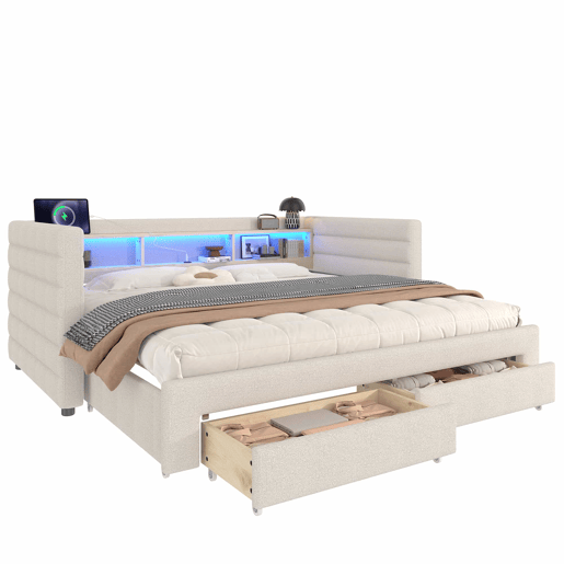 Cama de dia 90x190 cm - Design multifuncional, USB, 2 gavetas, luzes LED - Bege