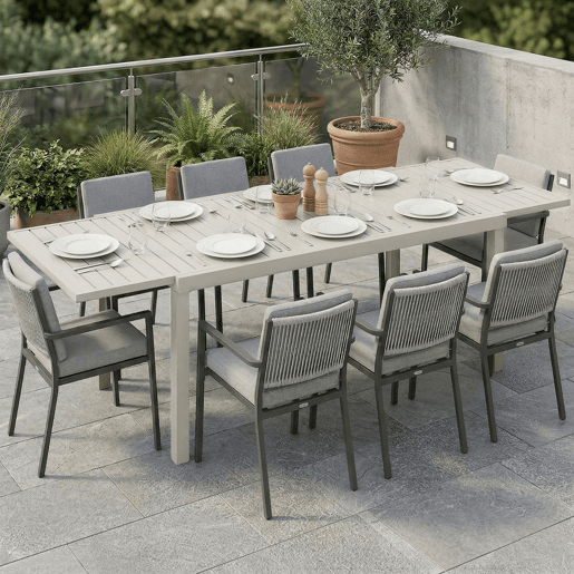 Outsunny Mesa de Jardim Extensível 150225x85x75 cm, Mesa de Jantar Exterior Retangular em Alumínio com Tampo de Ripas para 6-8 Pessoas, Branco