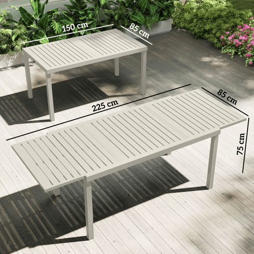 Outsunny Mesa de Jardim Extensível 150225x85x75 cm, Mesa de Jantar Exterior Retangular em Alumínio com Tampo de Ripas para 6-8 Pessoas, Branco