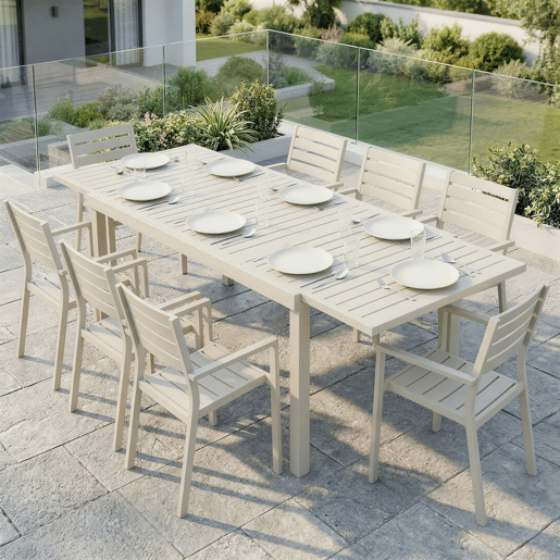 Outsunny Mesa de Jardim Extensível 150225x85x75 cm, Mesa de Jantar Exterior Retangular em Alumínio com Tampo de Ripas para 6-8 Pessoas, Branco