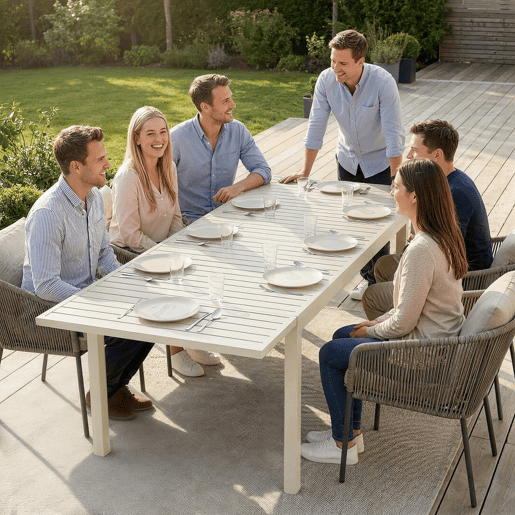 Outsunny Mesa de Jardim Extensível 150225x85x75 cm, Mesa de Jantar Exterior Retangular em Alumínio com Tampo de Ripas para 6-8 Pessoas, Branco