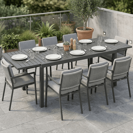 Outsunny Mesa de Jardim Extensível 150225x85x75 cm, Mesa de Jantar Exterior Extensível Retangular de Alumínio com Tampo de Ripas para 6-8 Pessoas, para Pátio, Terraço, Cinzento Escuro