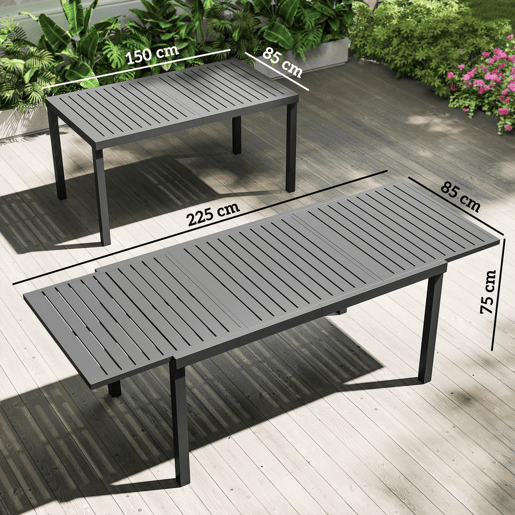 Outsunny Mesa de Jardim Extensível 150225x85x75 cm, Mesa de Jantar Exterior Extensível Retangular de Alumínio com Tampo de Ripas para 6-8 Pessoas, para Pátio, Terraço, Cinzento Escuro