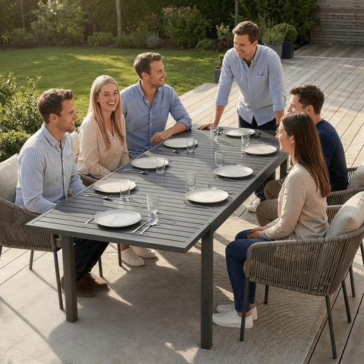 Outsunny Mesa de Jardim Extensível 150225x85x75 cm, Mesa de Jantar Exterior Extensível Retangular de Alumínio com Tampo de Ripas para 6-8 Pessoas, para Pátio, Terraço, Cinzento Escuro