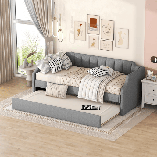 Cama de rodízio 90x190200cm em tecido de linho - com estrado de molas - Cinzento