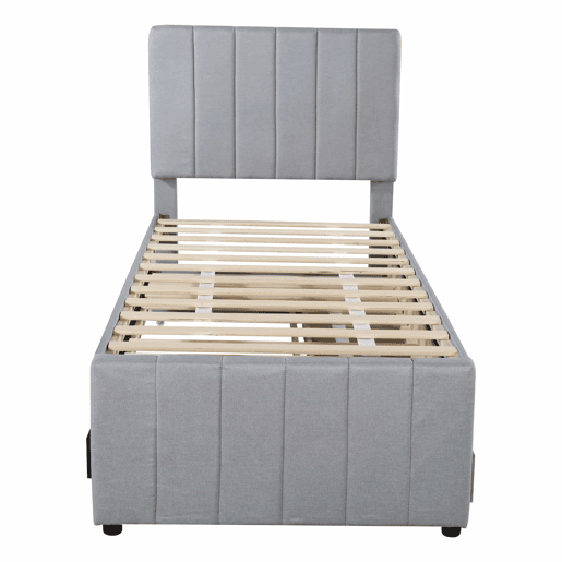Cama estofada em linho 90x200 cm - com cama com rodízios e 3 gavetas - Cinzento