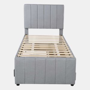 Cama estofada em linho 90x200 cm - com cama com rodízios e 3 gavetas - Cinzento