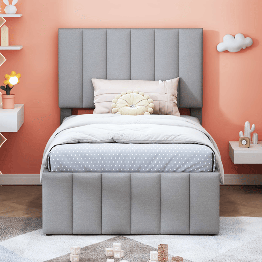 Cama estofada em linho 90x200 cm - com cama com rodízios e 3 gavetas - Cinzento
