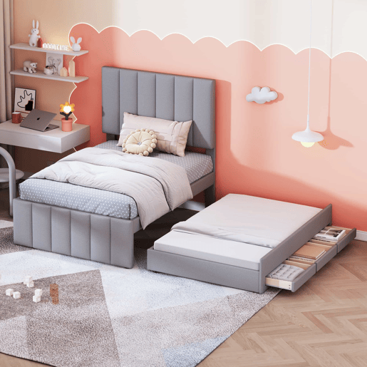 Cama estofada em linho 90x200 cm - com cama com rodízios e 3 gavetas - Cinzento
