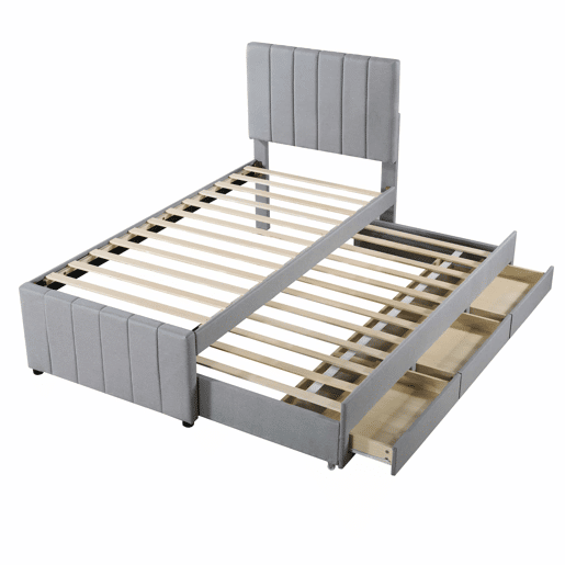 Cama estofada em linho 90x200 cm - com cama com rodízios e 3 gavetas - Cinzento