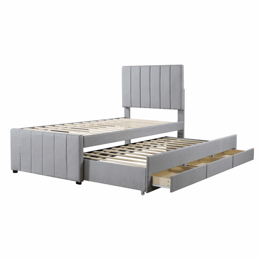 Cama estofada em linho 90x200 cm - com cama com rodízios e 3 gavetas - Cinzento