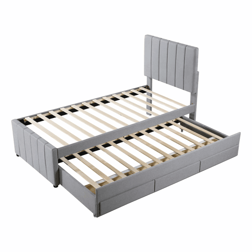 Cama estofada em linho 90x200 cm - com cama com rodízios e 3 gavetas - Cinzento