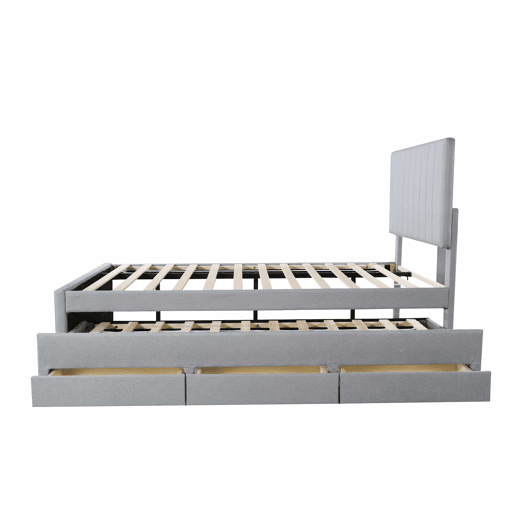 Cama estofada em linho 90x200 cm - com cama com rodízios e 3 gavetas - Cinzento