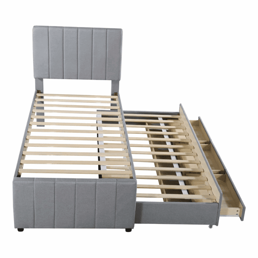 Cama estofada em linho 90x200 cm - com cama com rodízios e 3 gavetas - Cinzento