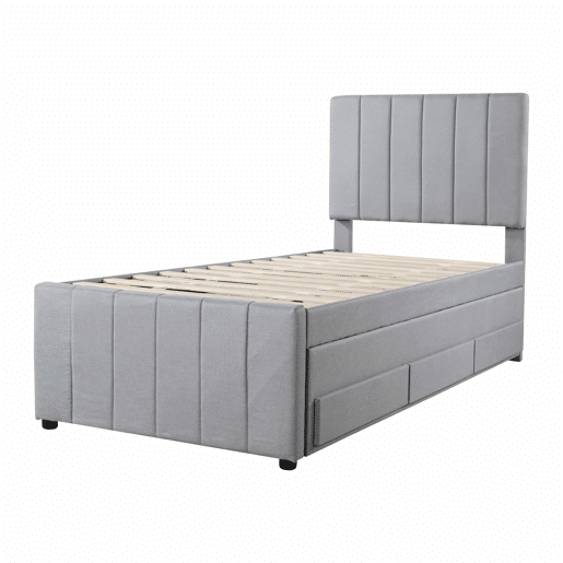 Cama estofada em linho 90x200 cm - com cama com rodízios e 3 gavetas - Cinzento
