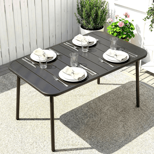 Outsunny Mesa de Jantar de Jardim Retangular, 120x70x72 cm, Mesa de Terraço Exterior de Aço com Tampo com Ripas, para 4 Pessoas, Suporta 50 kg, para Pátio, Varanda, Cinzento