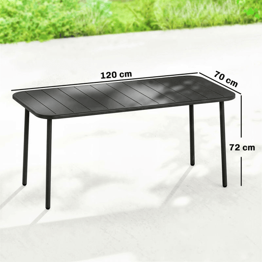 Outsunny Mesa de Jantar de Jardim Retangular, 120x70x72 cm, Mesa de Terraço Exterior de Aço com Tampo com Ripas, para 4 Pessoas, Suporta 50 kg, para Pátio, Varanda, Cinzento