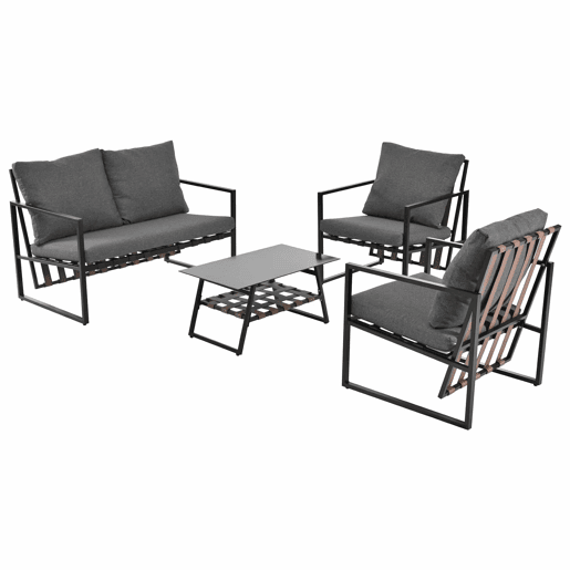 Mobiliário de jardim de 4 lugares - sofá, 2 poltronas e 1 mesa de centro com prateleira - tubo de aço galvanizado e tiras de PVC - almofadas amovíveis e laváveis - Preto