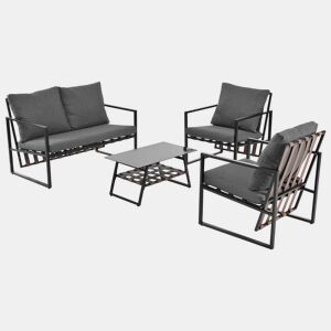 Mobiliário de jardim de 4 lugares - sofá, 2 poltronas e 1 mesa de centro com prateleira - tubo de aço galvanizado e tiras de PVC - almofadas amovíveis e laváveis - Preto