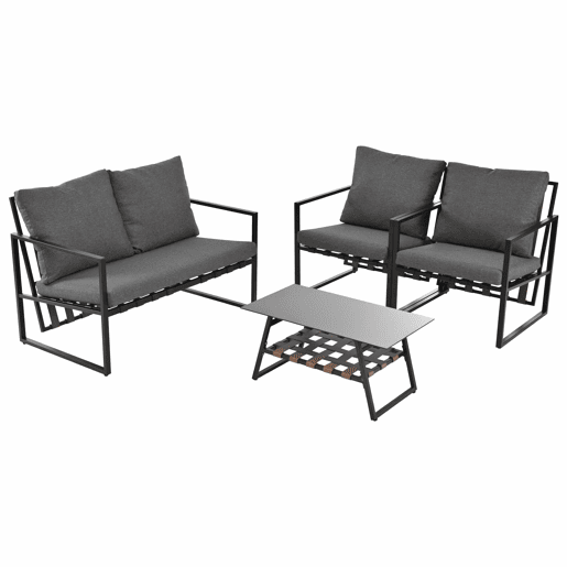 Mobiliário de jardim de 4 lugares - sofá, 2 poltronas e 1 mesa de centro com prateleira - tubo de aço galvanizado e tiras de PVC - almofadas amovíveis e laváveis - Preto