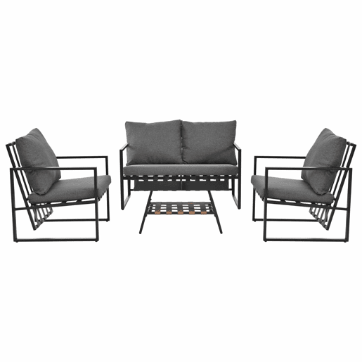 Mobiliário de jardim de 4 lugares - sofá, 2 poltronas e 1 mesa de centro com prateleira - tubo de aço galvanizado e tiras de PVC - almofadas amovíveis e laváveis - Preto