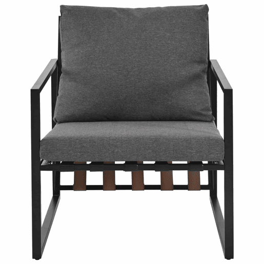 Mobiliário de jardim de 4 lugares - sofá, 2 poltronas e 1 mesa de centro com prateleira - tubo de aço galvanizado e tiras de PVC - almofadas amovíveis e laváveis - Preto