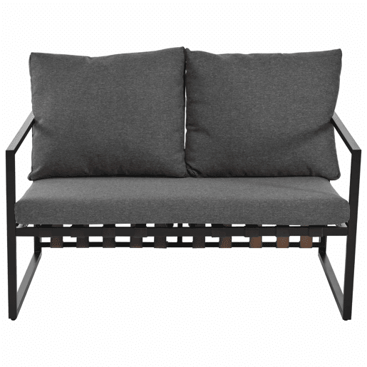 Mobiliário de jardim de 4 lugares - sofá, 2 poltronas e 1 mesa de centro com prateleira - tubo de aço galvanizado e tiras de PVC - almofadas amovíveis e laváveis - Preto