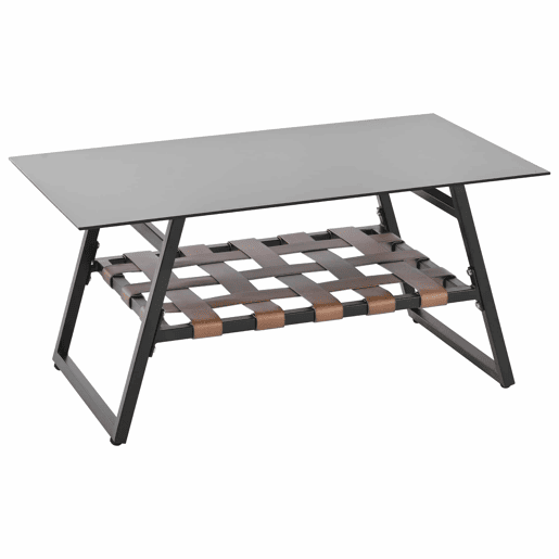 Mobiliário de jardim de 4 lugares - sofá, 2 poltronas e 1 mesa de centro com prateleira - tubo de aço galvanizado e tiras de PVC - almofadas amovíveis e laváveis - Preto