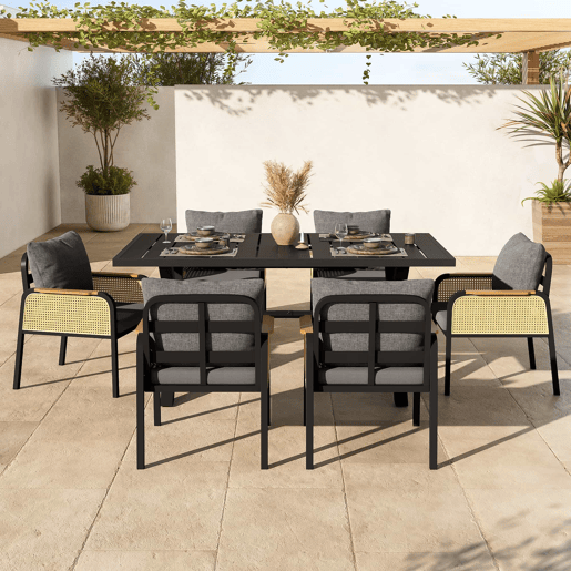 Conjunto de sofá de jardim moderno - estrutura de ferro, braços trançados, inclui almofadas, conjunto para lazer e reuniões - Preto e Natural