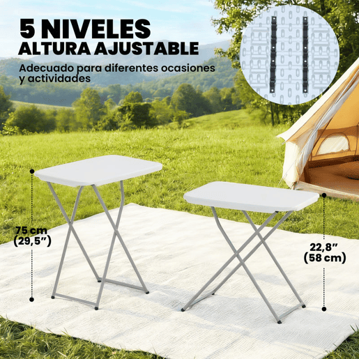 Outsunny Mesa Dobrável de Campismo 75x50x73,5 cm Mesa Portátil com Altura Ajustável em 5 Níveis com Bancada em HDPE e Estrutura Metálica para Parque de Campismo Praia Branco