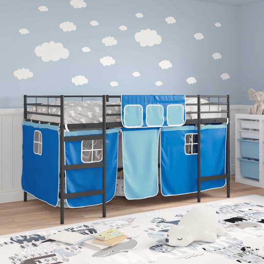 Estrutura de Cama Infantil Loft para Crianças com Cortinas Preto e Azul