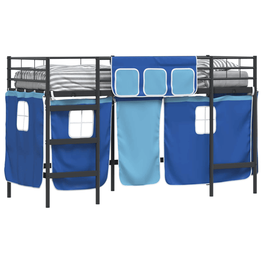 Estrutura de Cama Infantil Loft para Crianças com Cortinas Preto e Azul