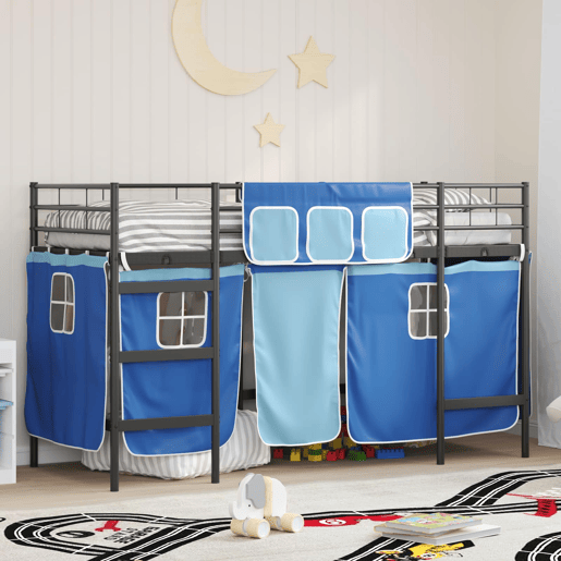 Estrutura de Cama Infantil Loft para Crianças com Cortinas Preto e Azul