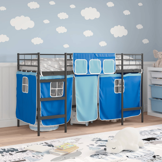 Estrutura de Cama Infantil Loft para Crianças com Cortinas Preto e Azul