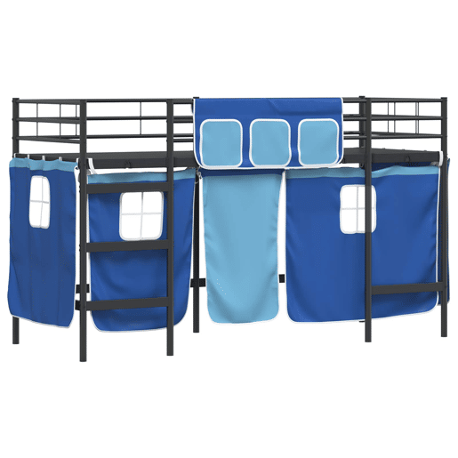Estrutura de Cama Infantil Loft para Crianças com Cortinas Preto e Azul