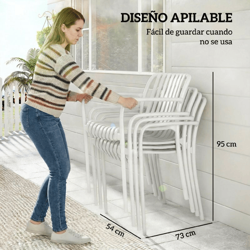 Outsunny Conjunto de 4 Cadeiras de Jardim Empilháveis,Cadeiras de Exterior de PP com Encosto Curvado Assento com Ripas 55x58,5x81,5 cm Branco