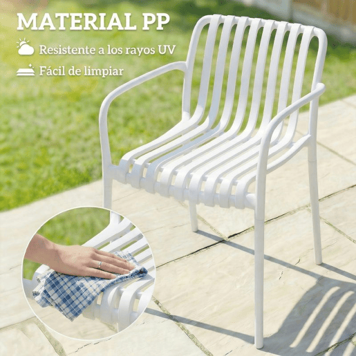 Outsunny Conjunto de 4 Cadeiras de Jardim Empilháveis,Cadeiras de Exterior de PP com Encosto Curvado Assento com Ripas 55x58,5x81,5 cm Branco