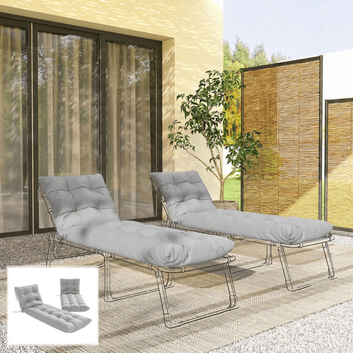 Outsunny Conjunto de 2 Almofadas para Espreguiçadeiras, 180x55 cm, Almofadas para Espreguiçadeiras de Exterior Espessas, UPF30+, Almofadas de Substituição com 4 Fitas, Cinzento Claro