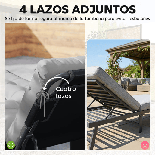 Outsunny Conjunto de 2 Almofadas para Espreguiçadeiras, 180x55 cm, Almofadas para Espreguiçadeiras de Exterior Espessas, UPF30+, Almofadas de Substituição com 4 Fitas, Cinzento Claro