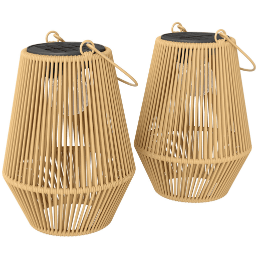Outsunny Conjunto de 2 Lanternas Solares de Exterior, Luzes de Jardim de Rattan Suspensas com Ligação e Desligamento Automático, IP44, Alça, Lâmpadas para Terraço, Varanda, Pátio, 16x16x21 cm, Castanho